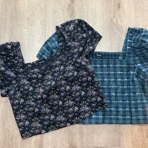 Madewell Puff Sleeve Crop Top Bundle Sz M Smocked Back Floral Plaid Square Neck